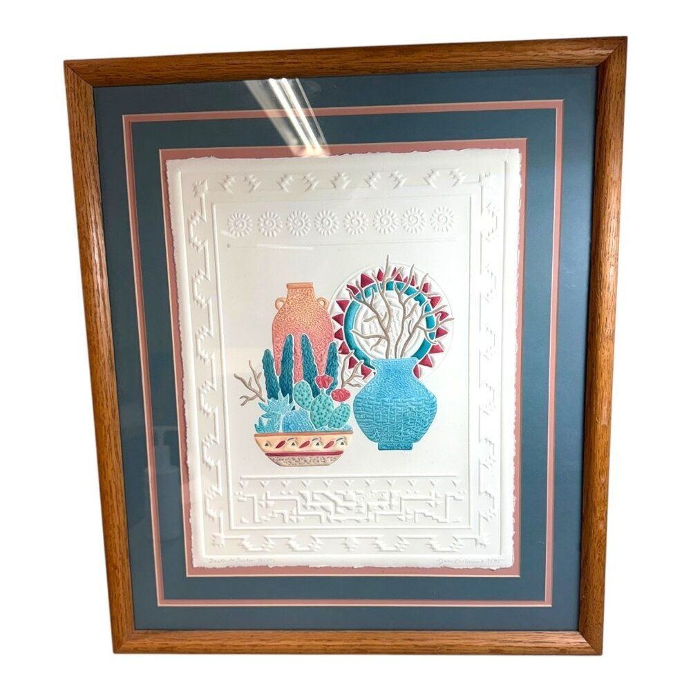Vtg Signed Jane Billman Southwestern Pottery Cactus Embossed Art Print Oak Frame